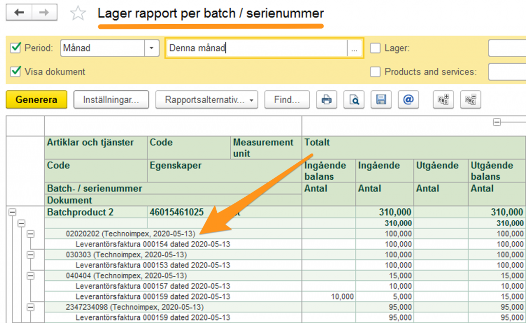 Stock statement by batch and serial number