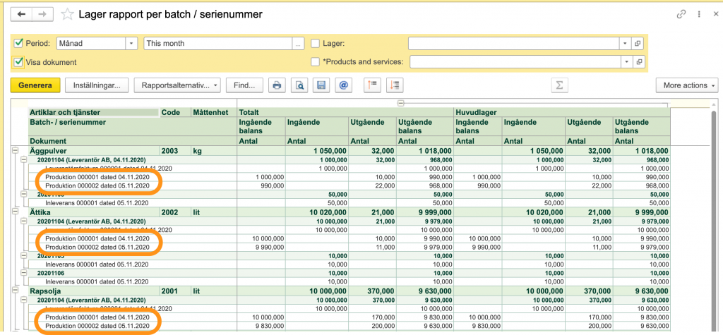 Lagerrapport per batch